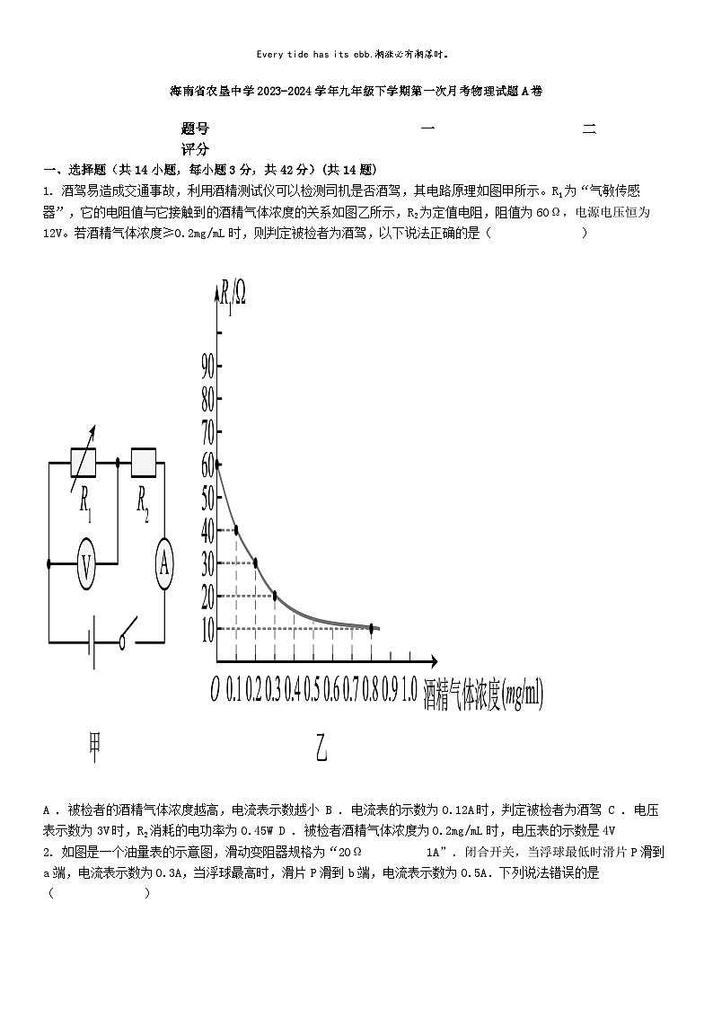 [物理]海南省农垦中学2023-2024学年九年级下学期第一次月考物理试题A卷01