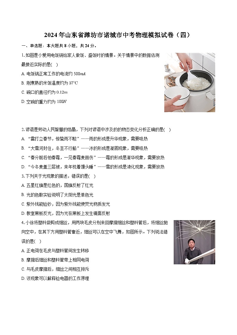 2024年山东省潍坊市诸城市中考物理模拟试卷（四）+01