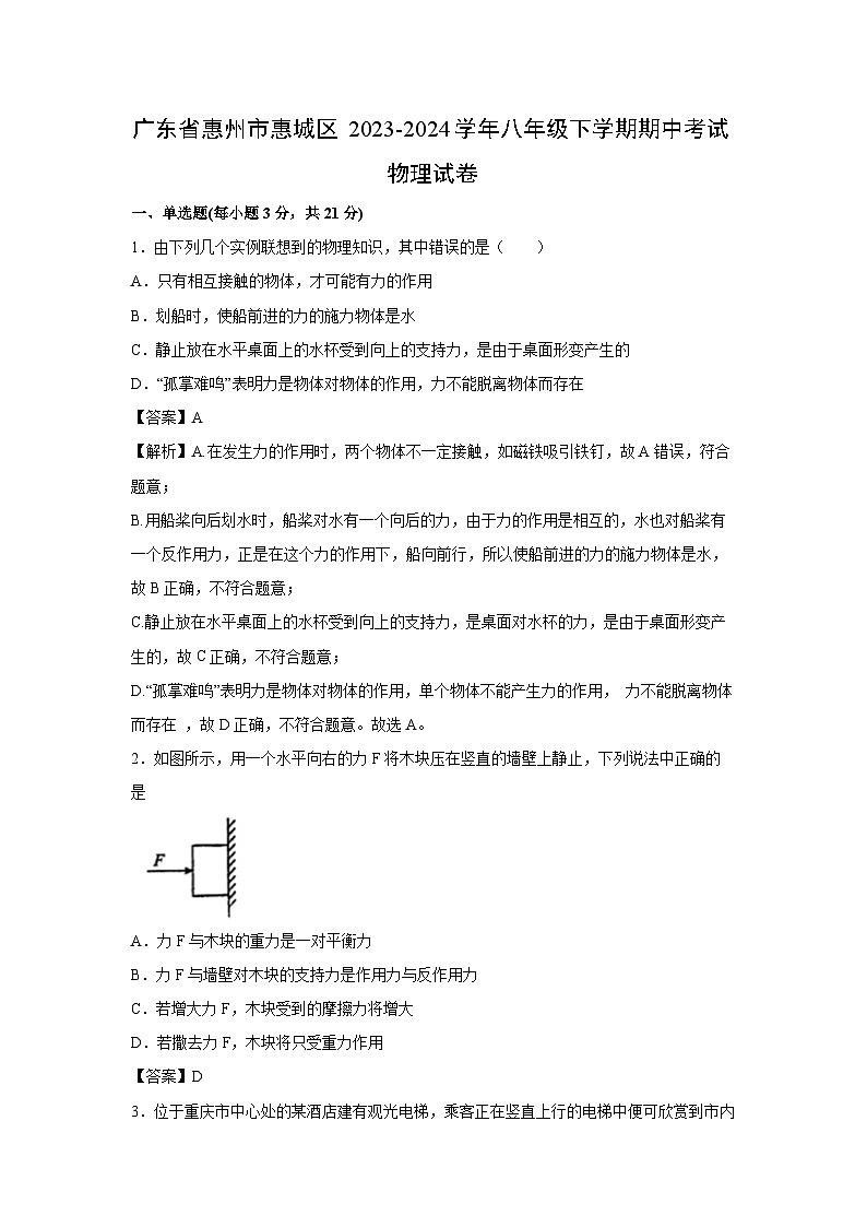 [物理][期中]广东省惠州市惠城区2023-2024学年八年级下学期期中考试试卷第1页