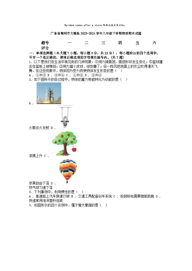 [物理][期末]广东省梅州市大埔县2023-2024学年八年级下学期物理期末试题第1页
