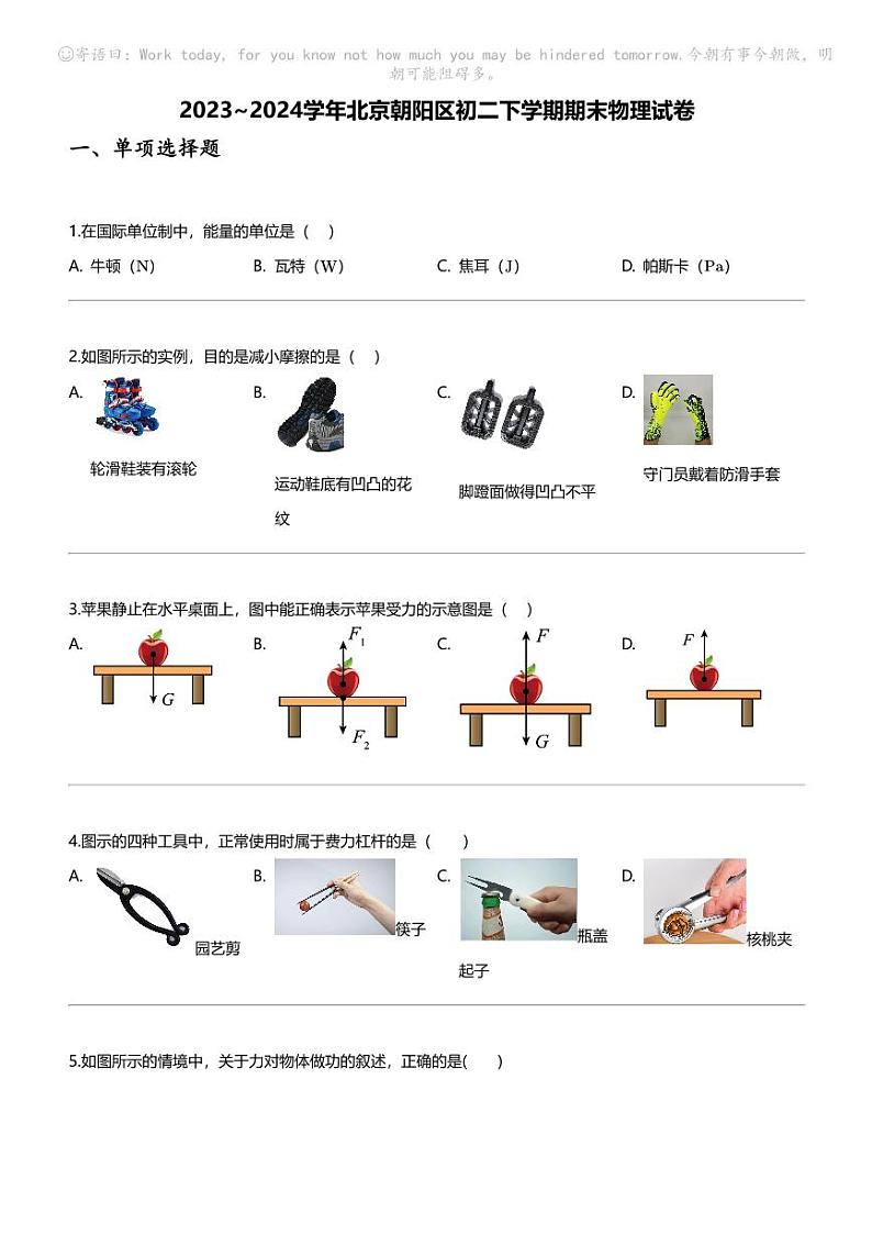 [物理][期末]2023_2024学年北京朝阳区初二下学期期末物理试卷01