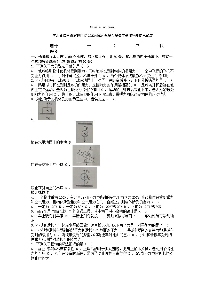 [物理][期末]河北省保定市高碑店市2023-2024学年八年级下学期物理期末试题01