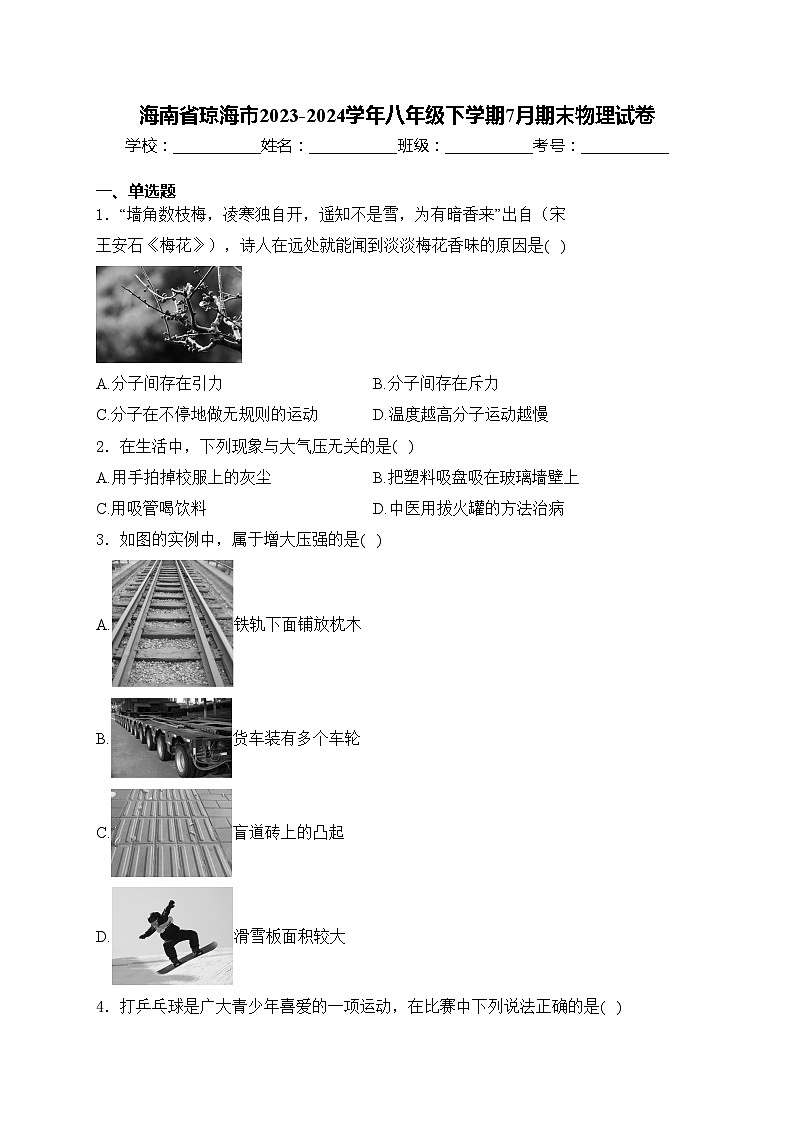 海南省琼海市2023-2024学年八年级下学期7月期末物理试卷(含答案)第1页
