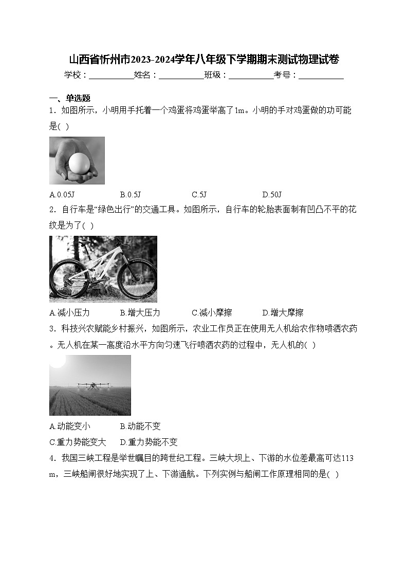 山西省忻州市2023-2024学年八年级下学期期末测试物理试卷(含答案)01