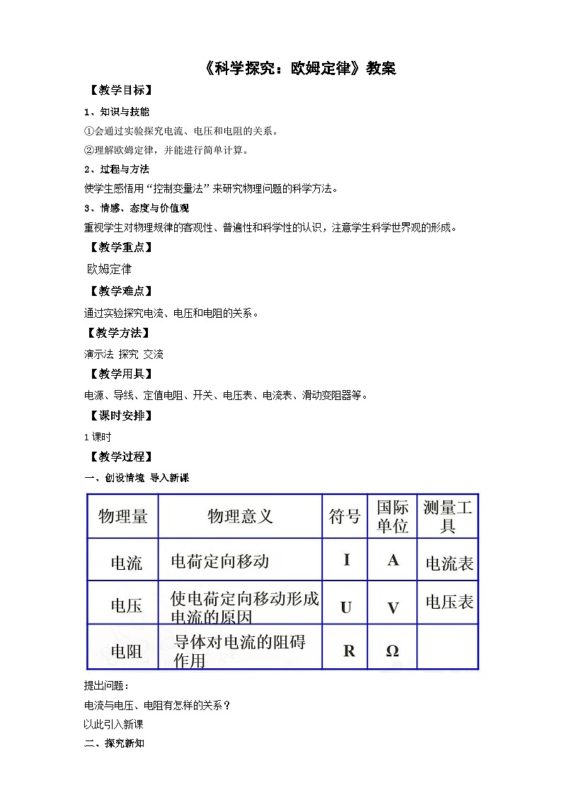 沪科版物理九年级15.2科学探究：欧姆定律教案第1页