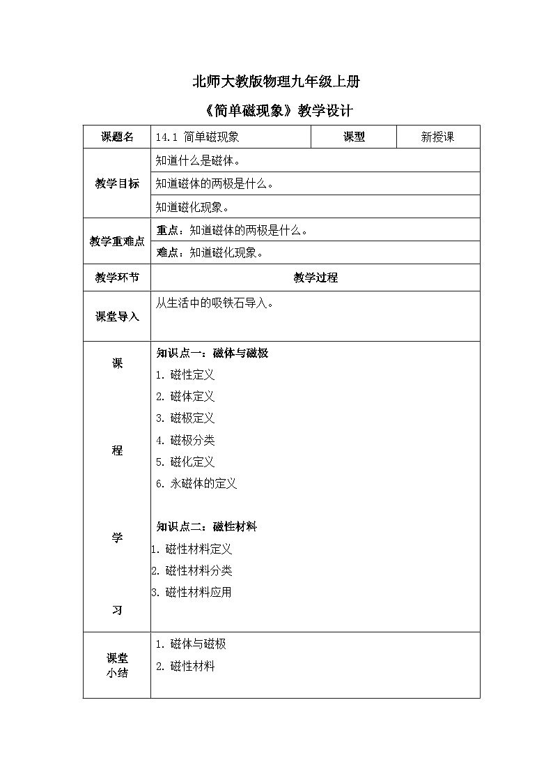 北师大物理九上14.1《简单磁现象》教案01