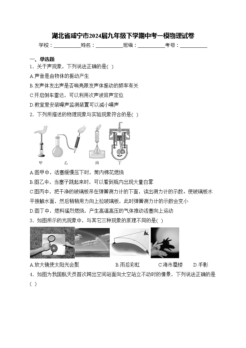 湖北省咸宁市2024届九年级下学期中考一模物理试卷(含答案)01