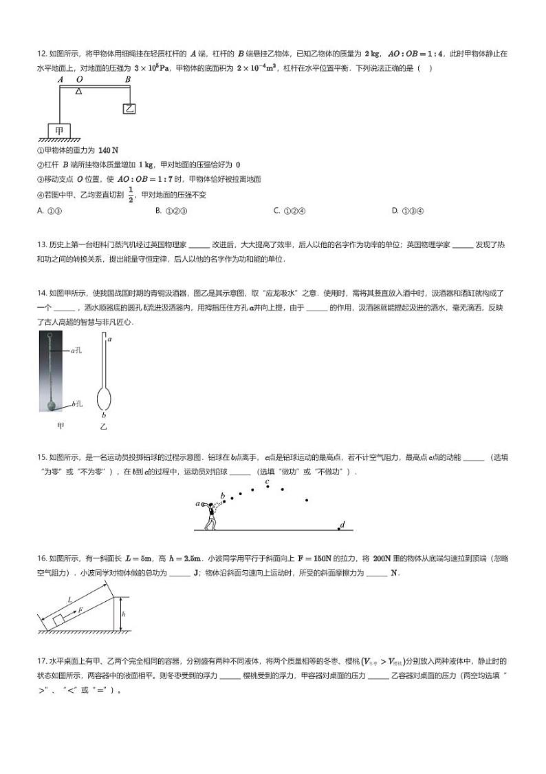 [物理][期末]2023_2024学年重庆渝中区重庆市巴蜀中学初二下学期期末物理试卷原题版第3页