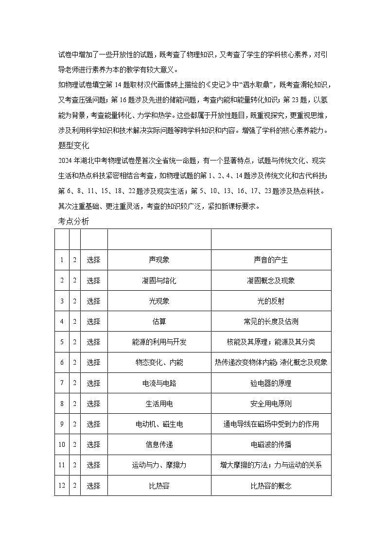 2024年中考物理真题完全解读（湖北卷）02