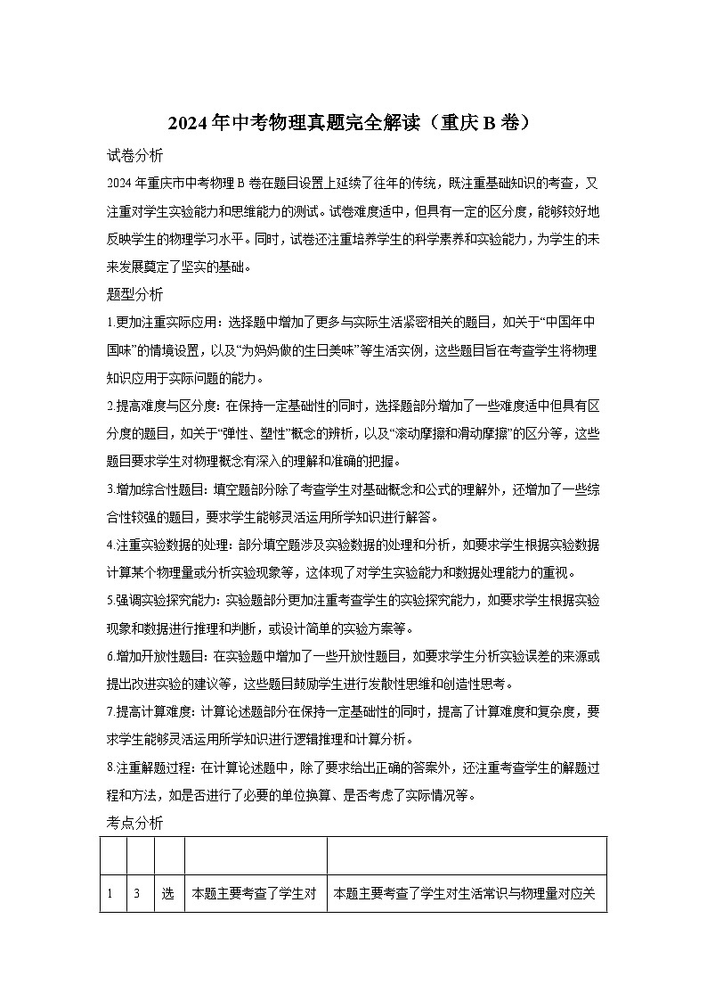 2024年中考物理真题完全解读（重庆B卷）01