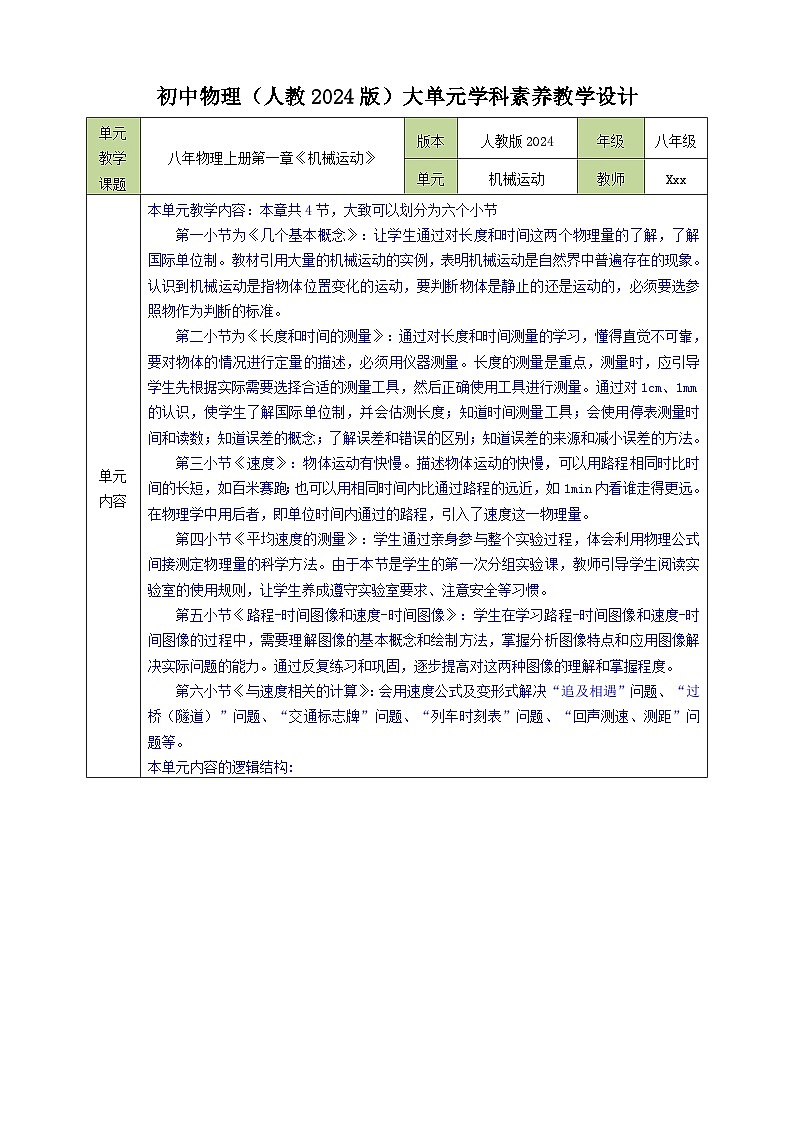第一单元 机械运动（单元教学设计）八年级物理上册同步（人教版2024）01