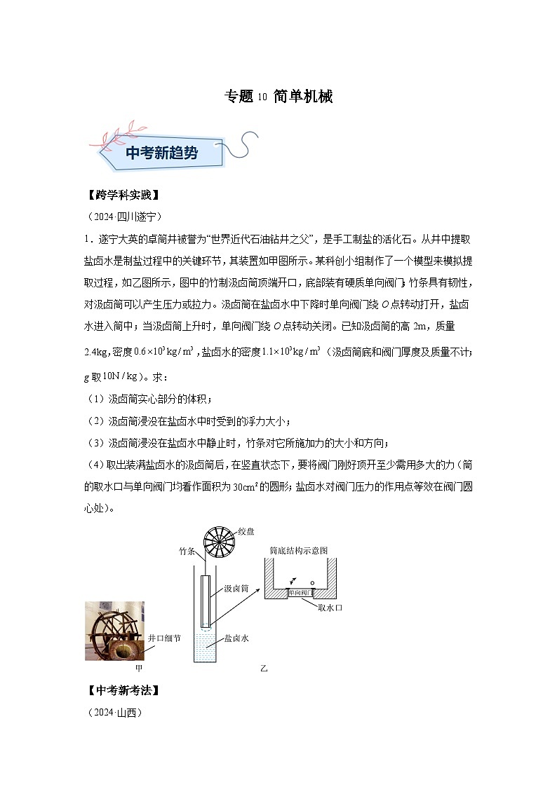 2024年中考物理真题分类汇编（全国通用）专题10简单机械01