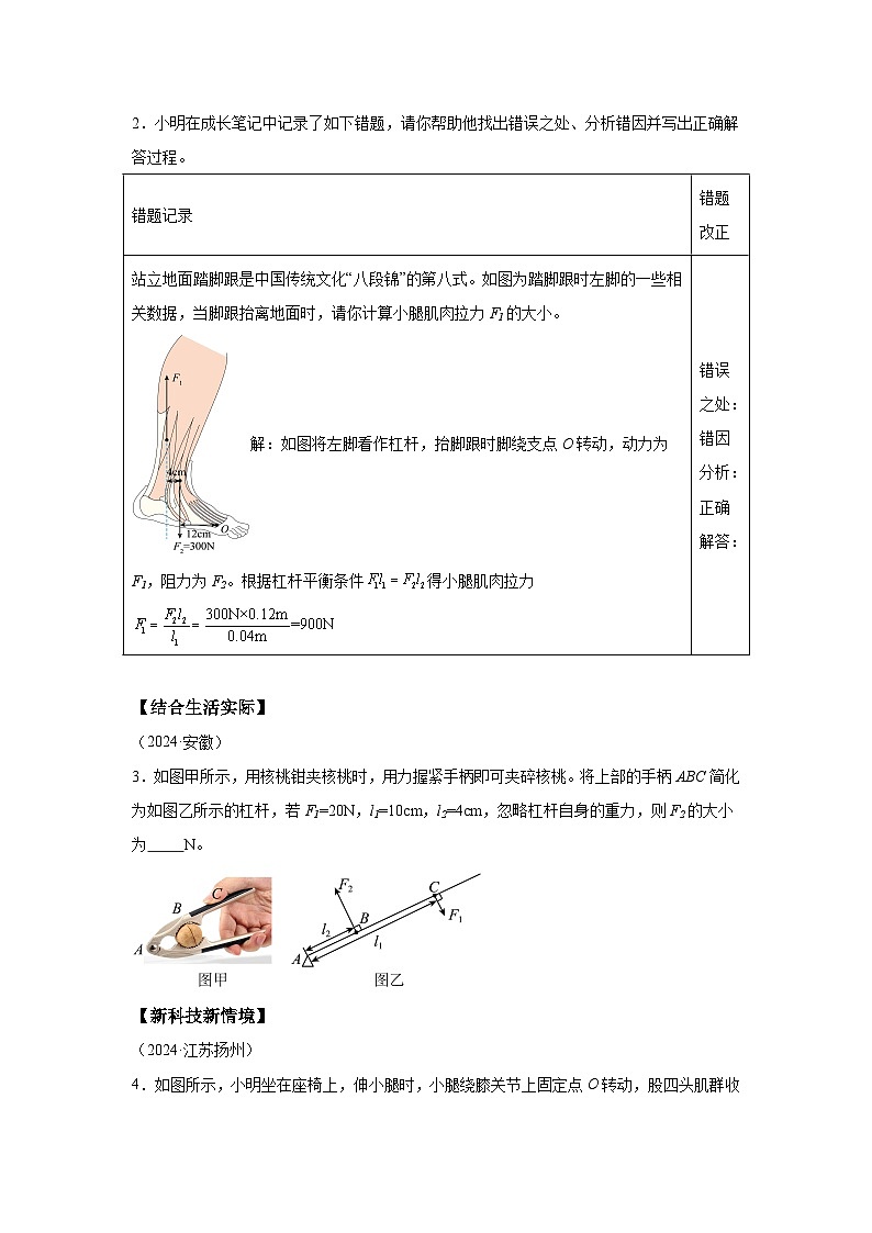 2024年中考物理真题分类汇编（全国通用）专题10简单机械02