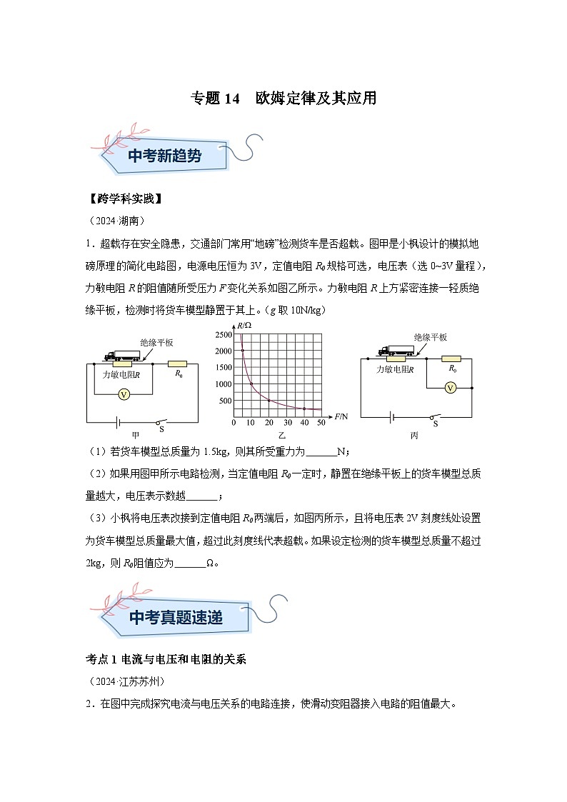 2024年中考物理真题分类汇编（全国通用）专题14欧姆定律及其应用01