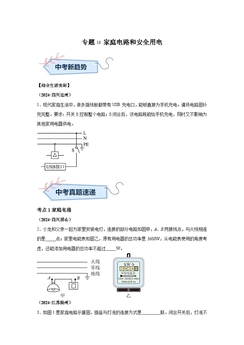 2024年中考物理真题分类汇编（全国通用）专题16家庭电路和安全用电01