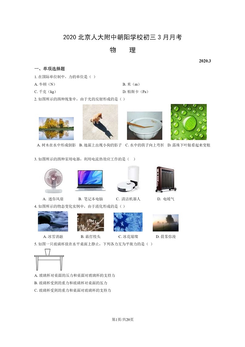 [物理]2020北京人大附中朝阳学校初三下学期3月月考物理试卷及答案第1页