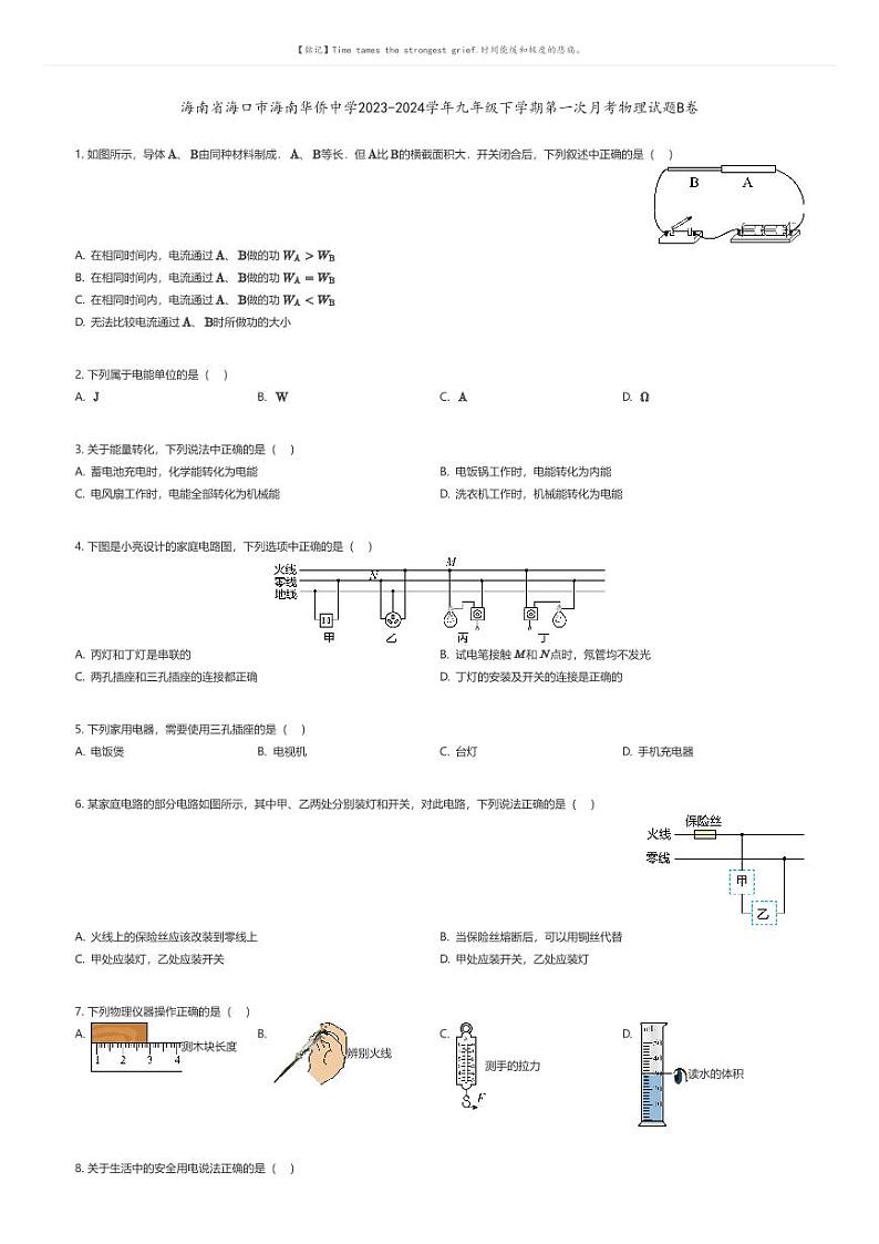 [物理]海南省海口市海南华侨中学2023-2024学年九年级下学期第一次月考物理试题B卷(原题版+解析版)01
