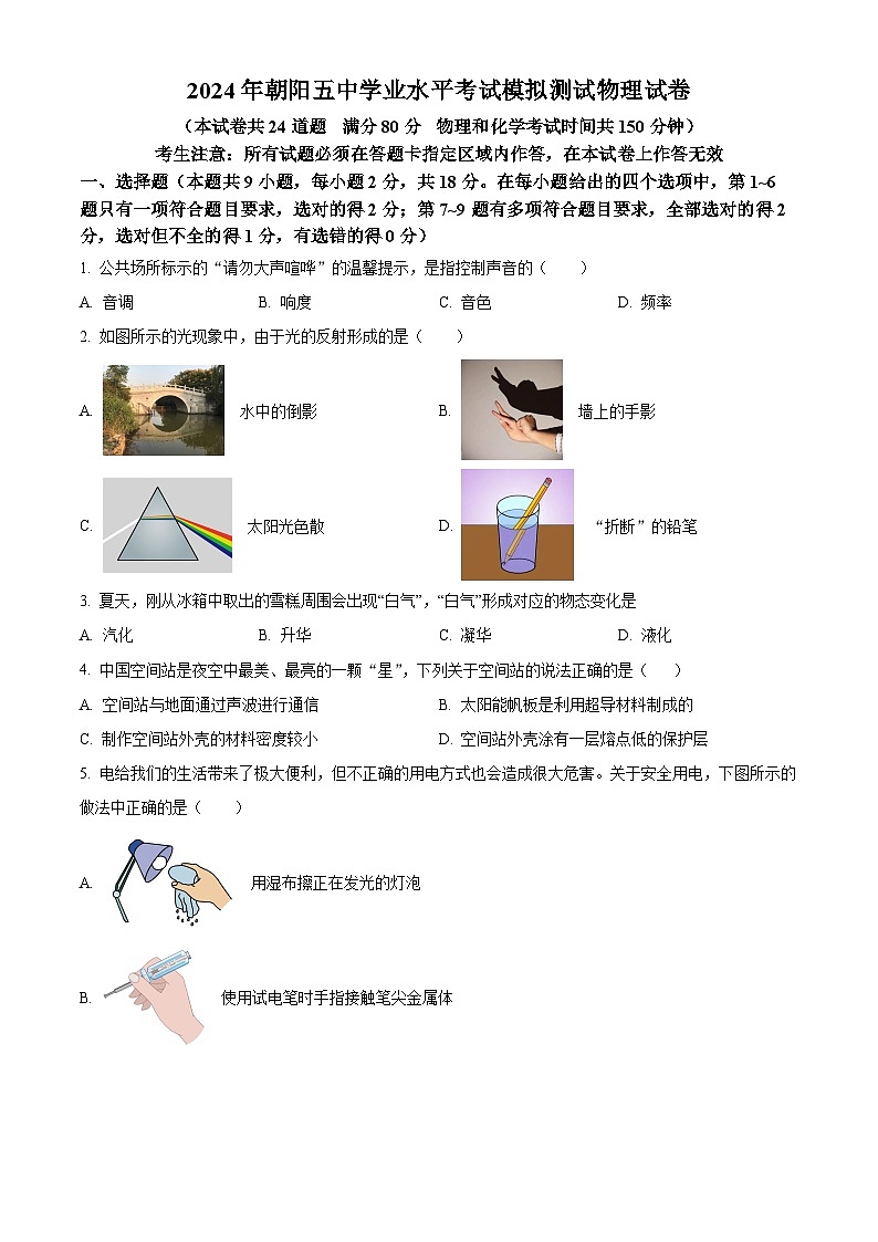 2024年辽宁省朝阳市第五中学中考三模物理试题（原卷版）第1页