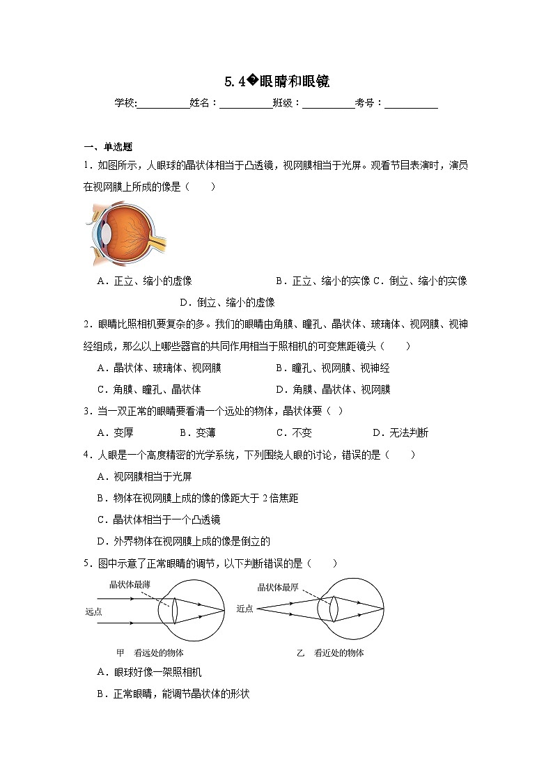 八年级物理上册同步精品课堂（人教版2024）5.4眼睛和眼镜试题含解析答案01