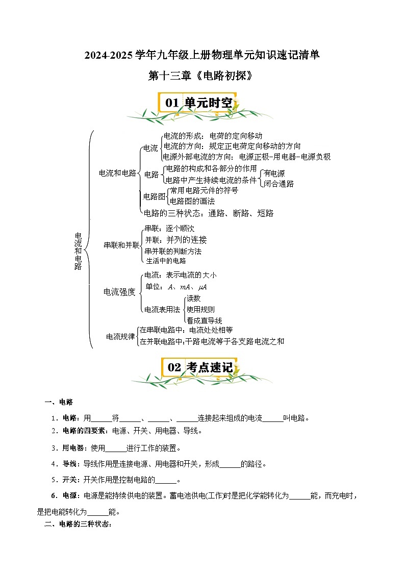 第13章《电路初探》-2024-2025学年九年级上册物理单元知识讲义（苏科版）第1页
