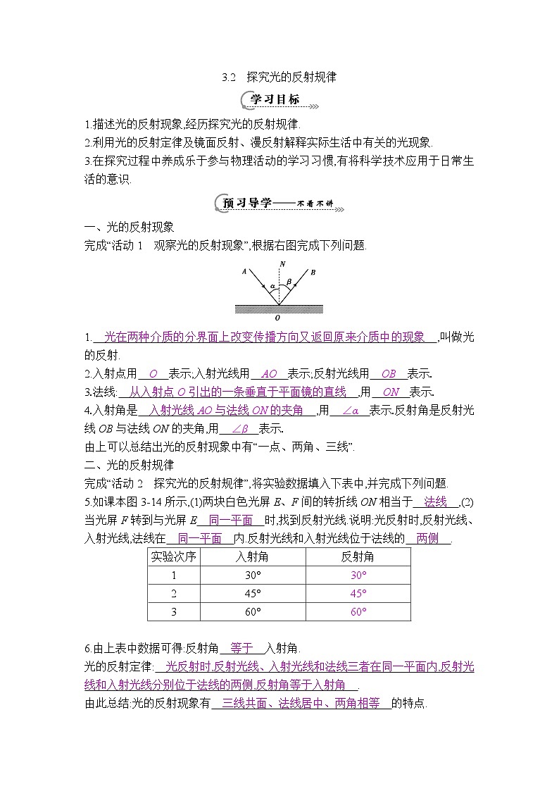 物理八上 沪粤 第3章3.2 探究光的反射规律 PPT课件+教案+导学案01