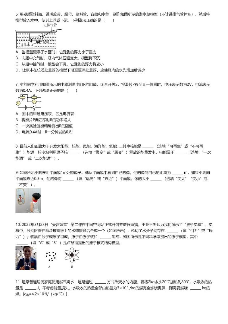 [物理]2024年广东惠州中考模拟物理试卷(一中五矿学校)原题版第2页