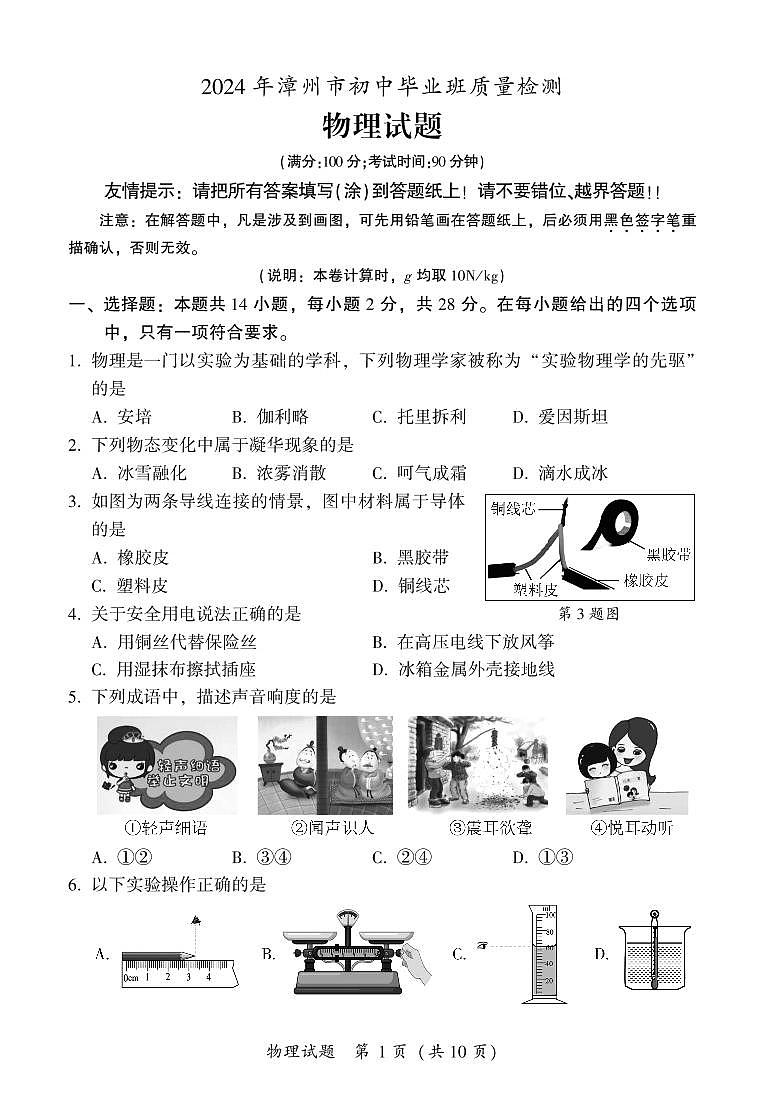 2024年福建省漳州市九年级二模物理试卷01