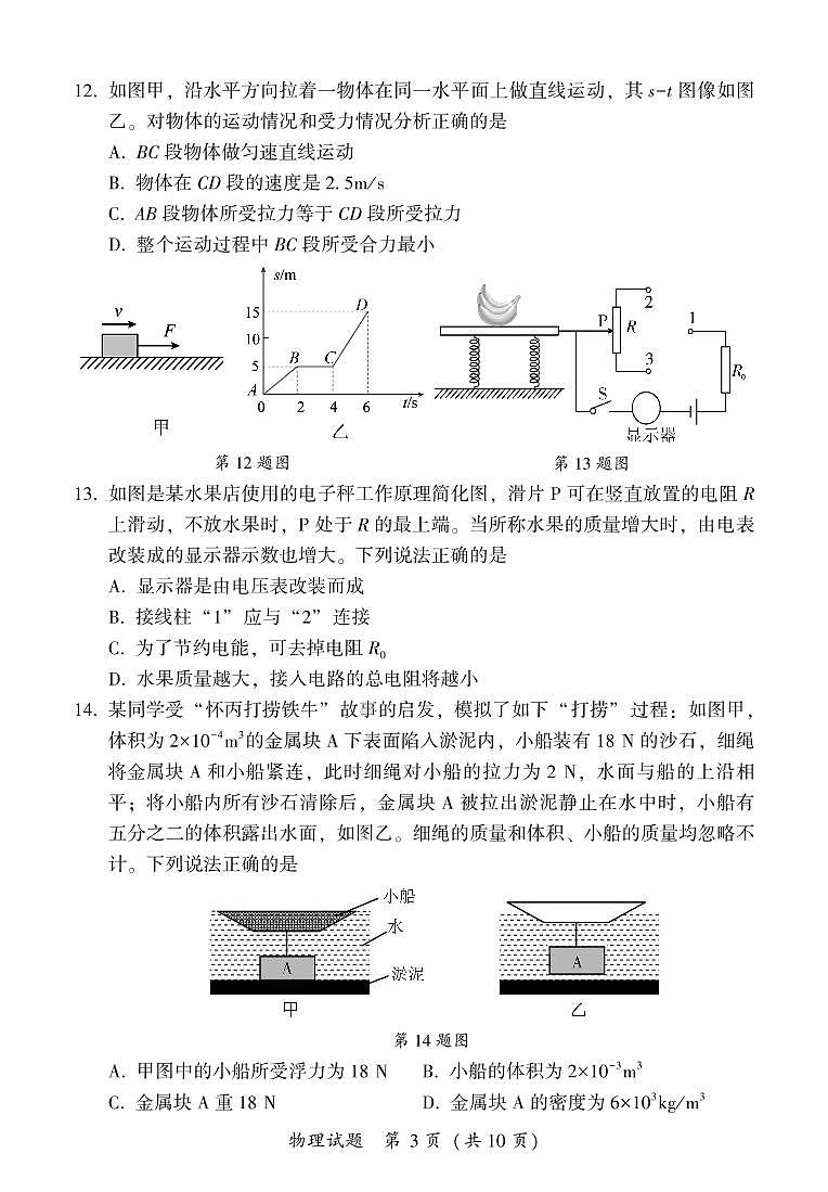 2024年福建省漳州市九年级二模物理试卷03