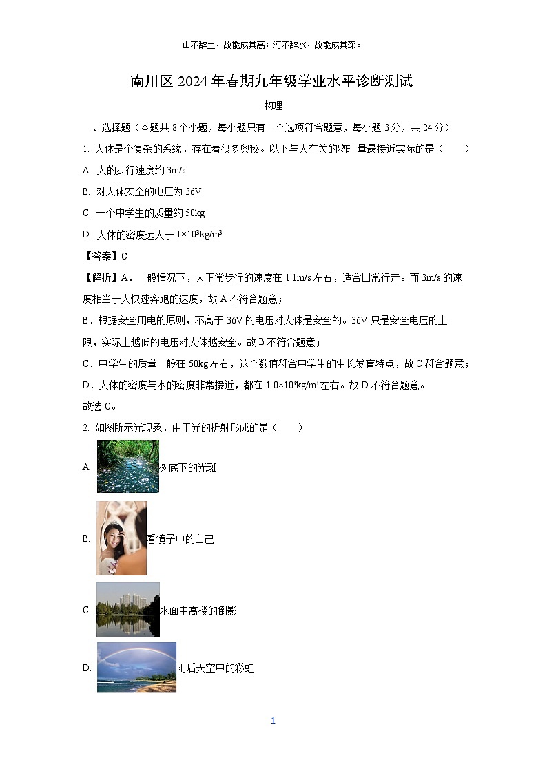 [物理]重庆市南川区春期九年级2024年学业水平诊断测试题(解析版)第1页