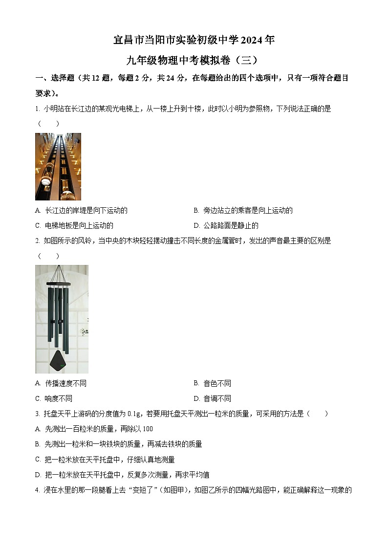 2024年湖北省宜昌市当阳市实验初级中学中考三模物理试题（原卷版）第1页