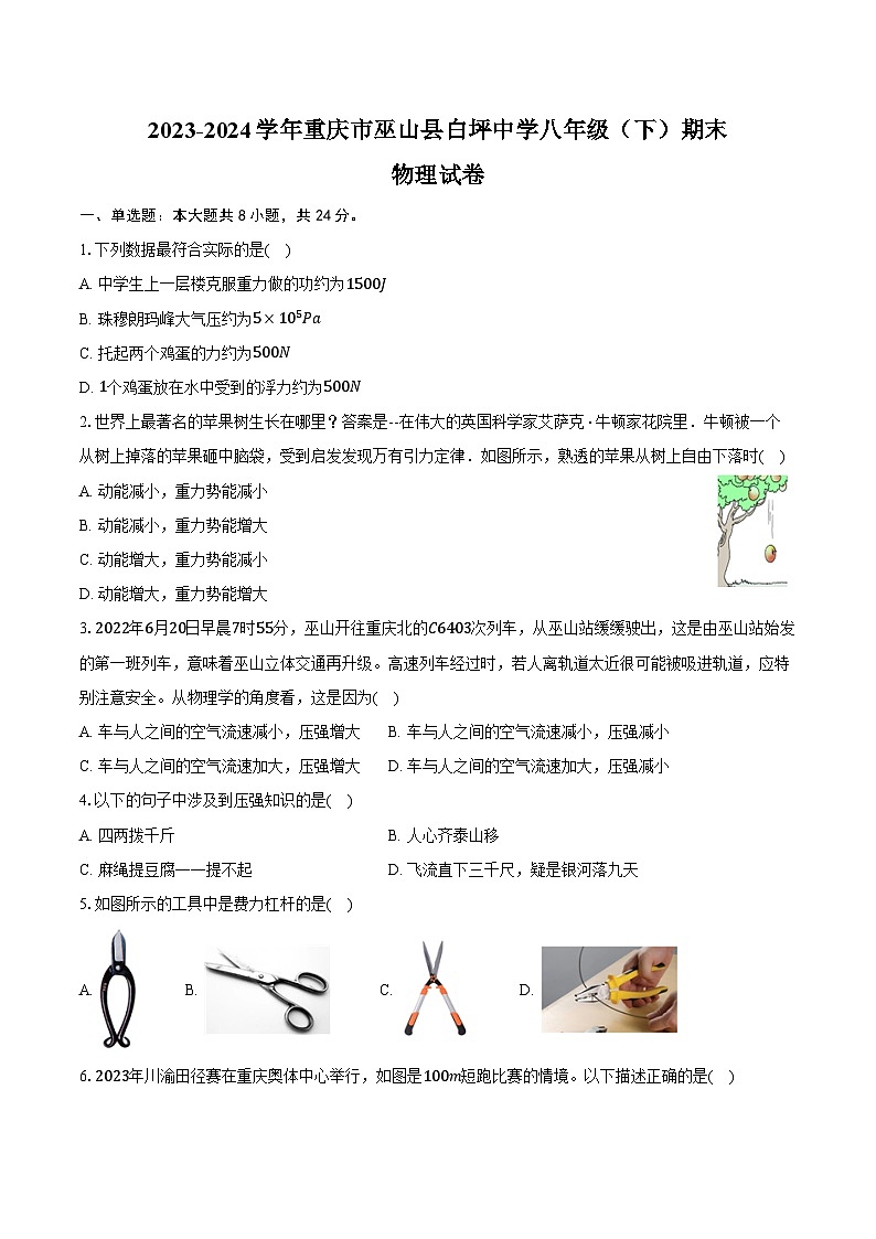 2023-2024学年重庆市巫山县白坪中学八年级（下）期末物理试卷（含答案）第1页