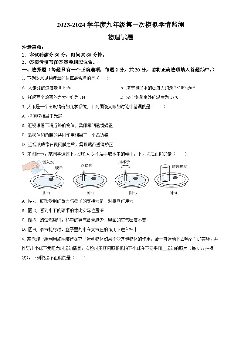 2024年山东省金乡县中考一模物理试题（原卷版+解析版）01