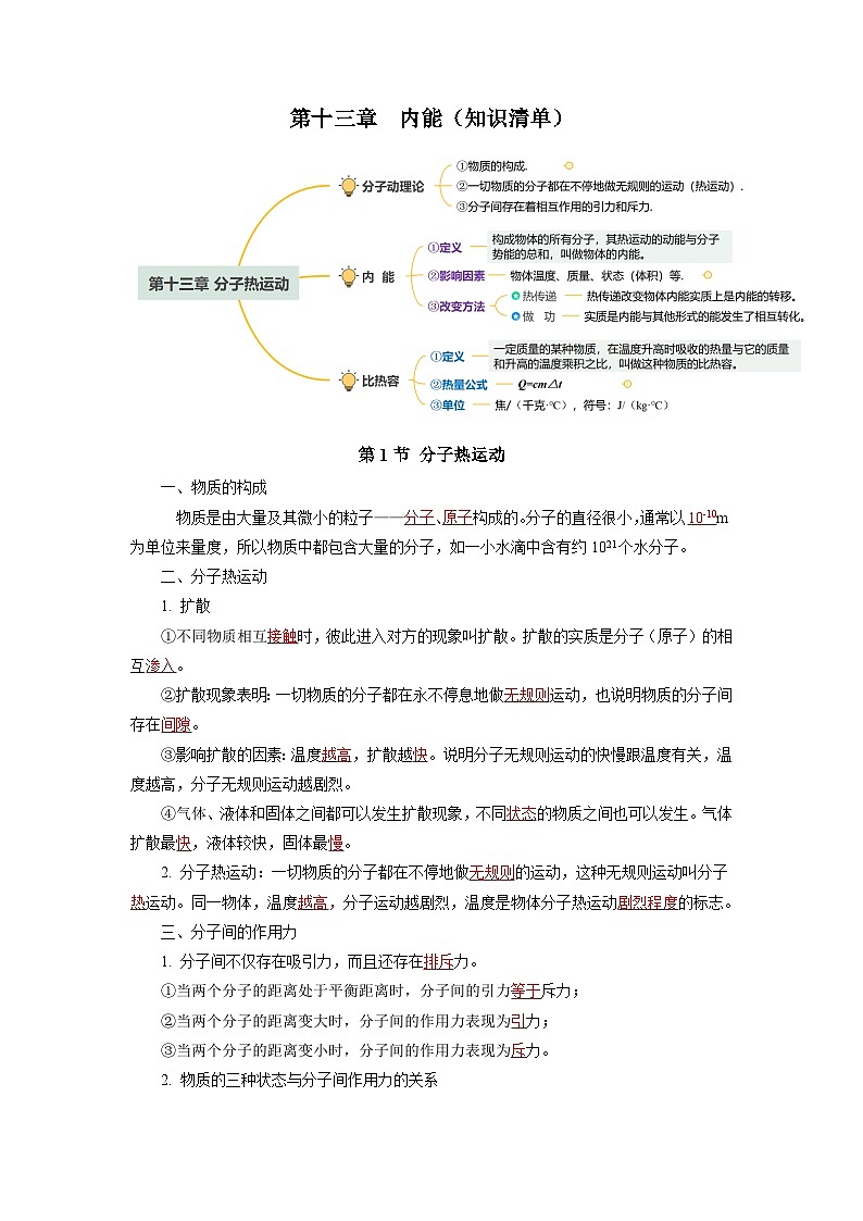 人教版初中物理九年级全册 第十三章 《内能》知识清单（学生版）+（教师版）01