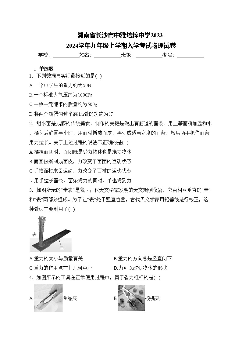湖南省长沙市中雅培粹中学2023-2024学年九年级上学期入学考试物理试卷(含答案)01