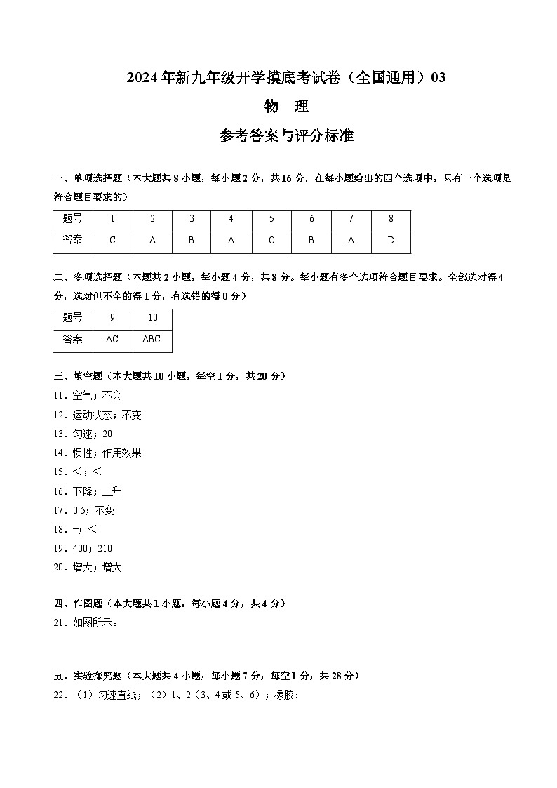 【开学考】2024学年初中九年级上册物理（全国通用）03开学摸底考试卷01
