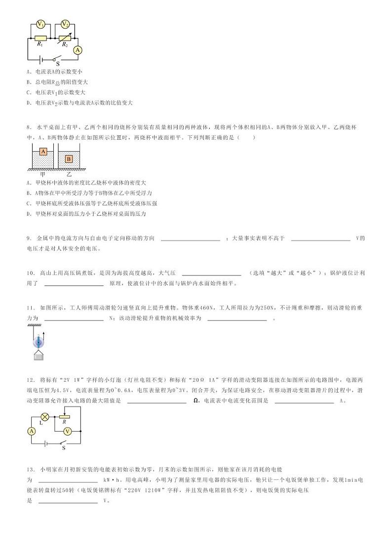 [物理]2023～2024学年重庆合川区初三下学期月考物理试卷(初中六校(第一次))(原题版+解析版)02