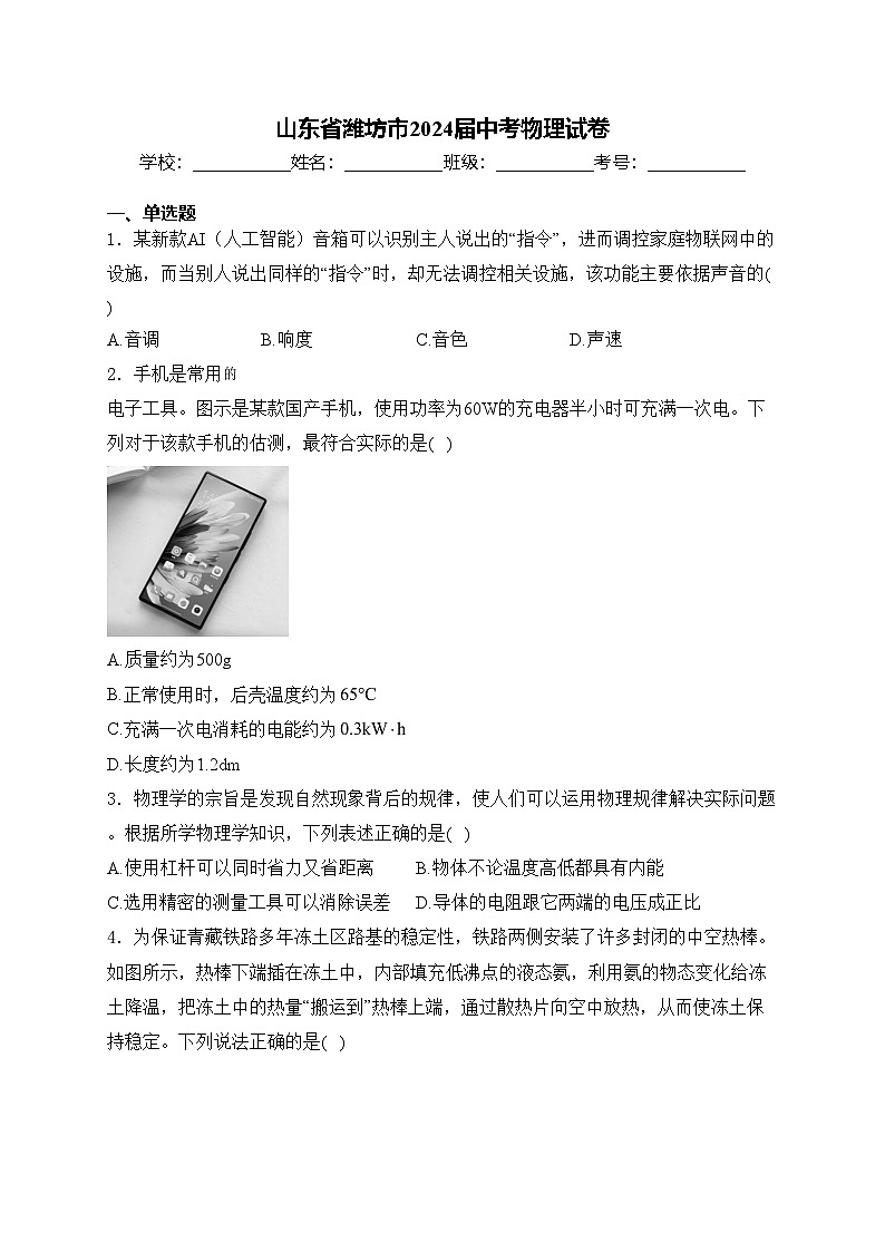 山东省潍坊市2024届中考物理试卷(含答案)01
