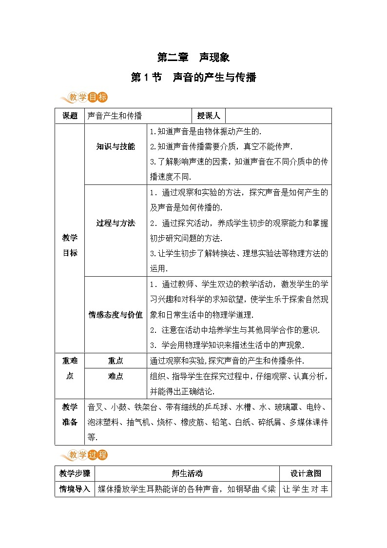 【人教2024版】八上物理 第2章 第1节   声音的产生与传播 PPT课件+教案+练习01