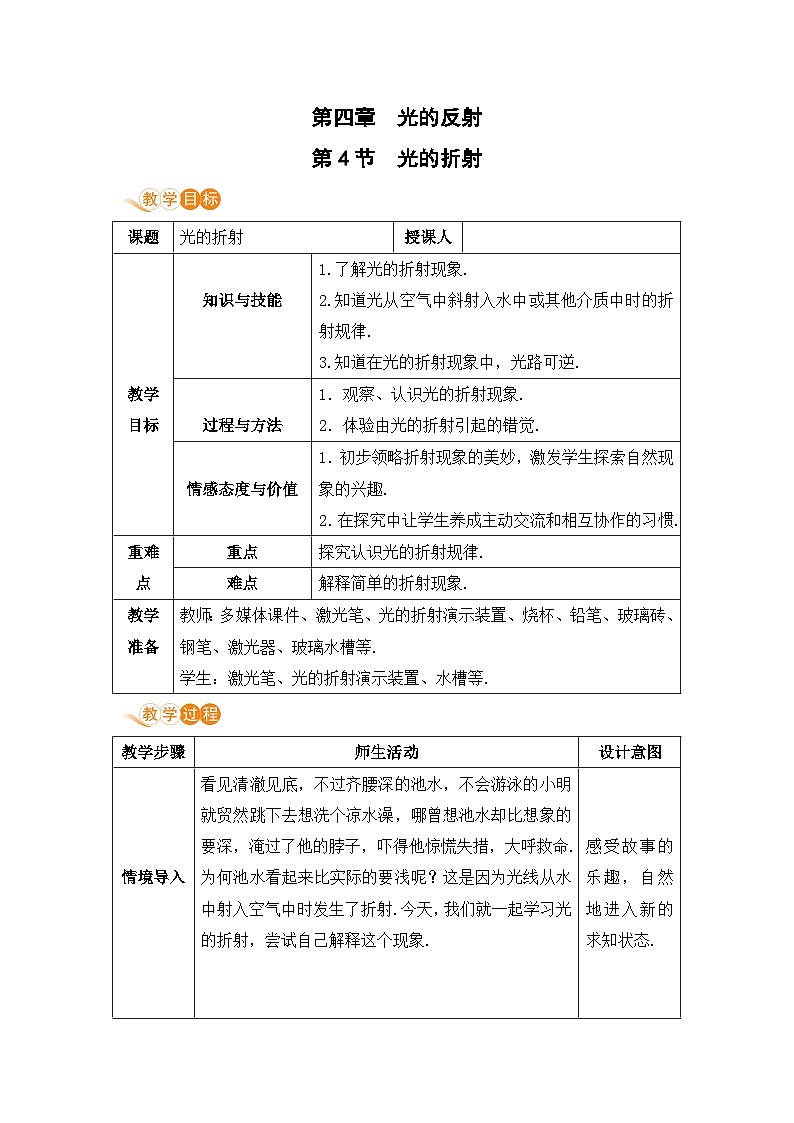 【人教2024版】八上物理 第4章 第4节   光的折射 PPT课件+教案+练习01