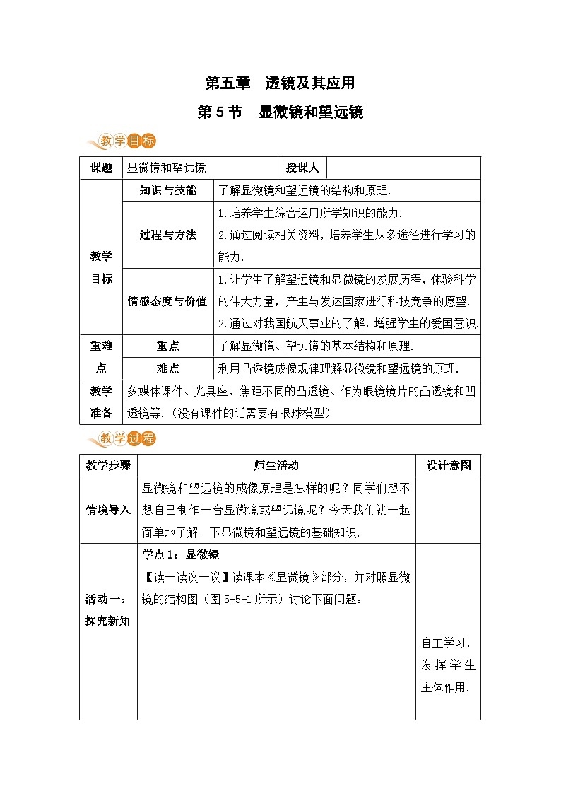 【人教2024版】八上物理 第5章 第5节   制作望远镜（显微镜和望远镜） PPT课件+教案+练习01