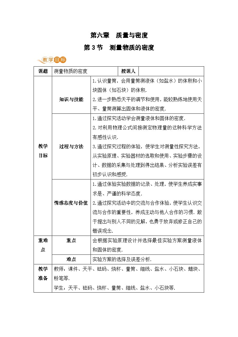 【人教2024版】八上物理 第6章 第3节   测量物质的密度（液体和固体) PPT课件+教案+练习01