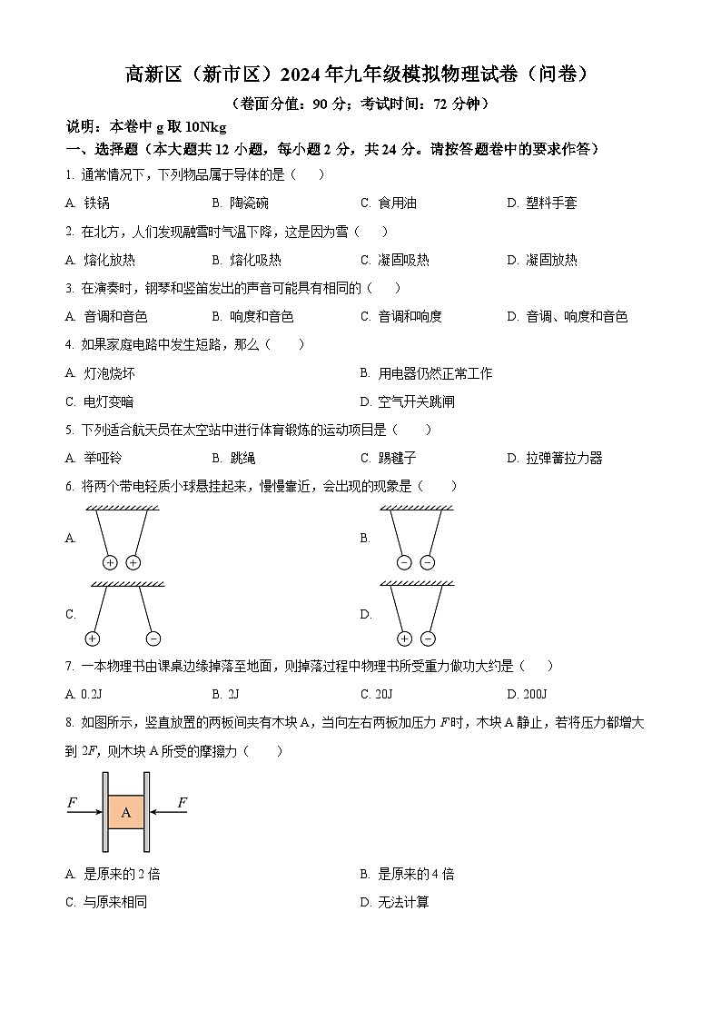 2024年新疆乌鲁木齐市高新区中考一模物理试题（原卷版+解析版）01