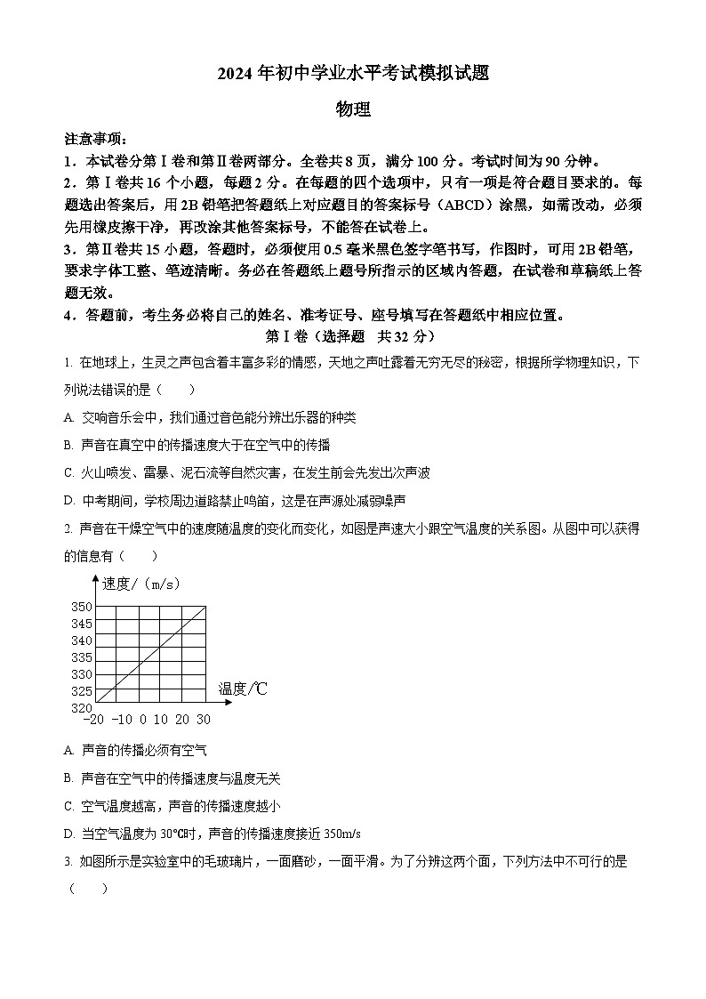 2024年山东省滕州市中考一模物理试题（原卷版+解析版）01