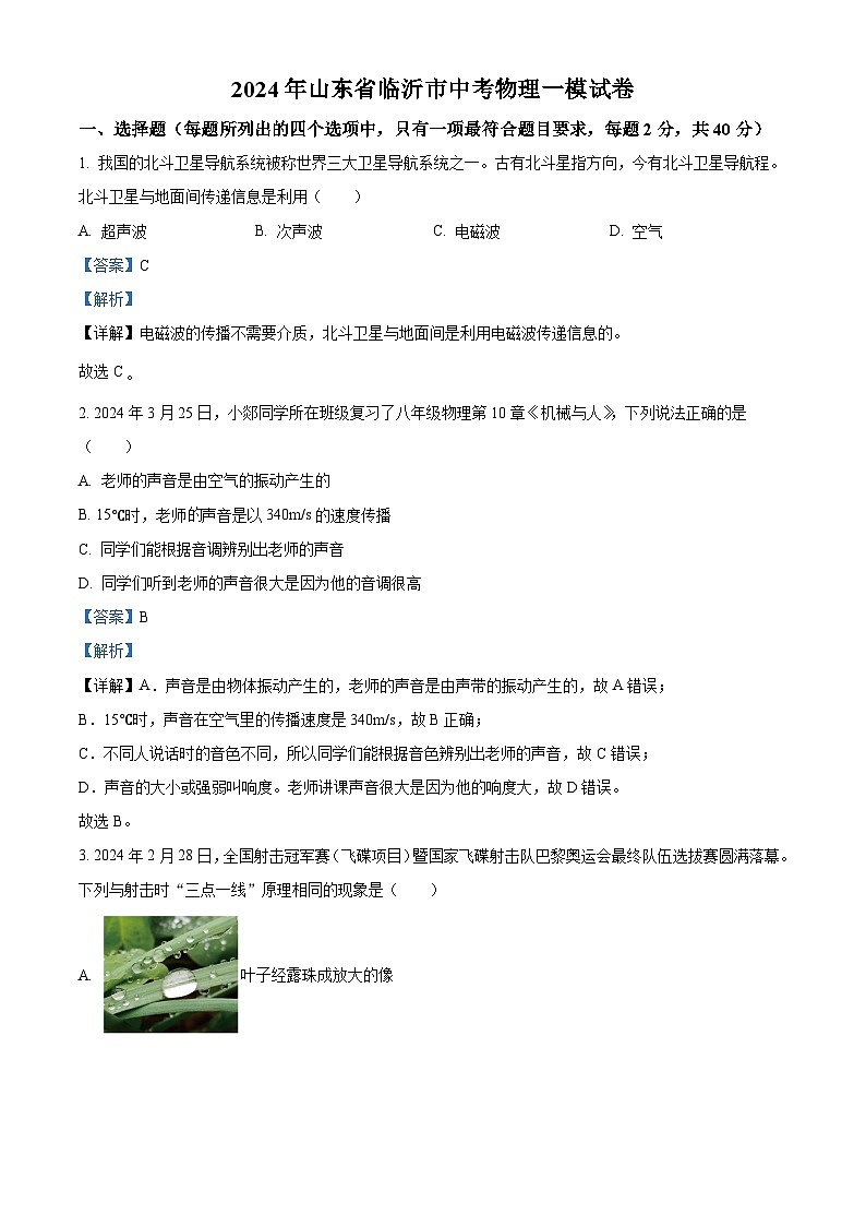 2024年山东省临沂市中考一模物理试题（原卷版+解析版）01