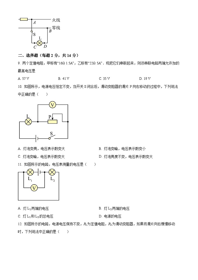2024年安徽省阜阳市部分学校中考一模物理试题（原卷版）第2页