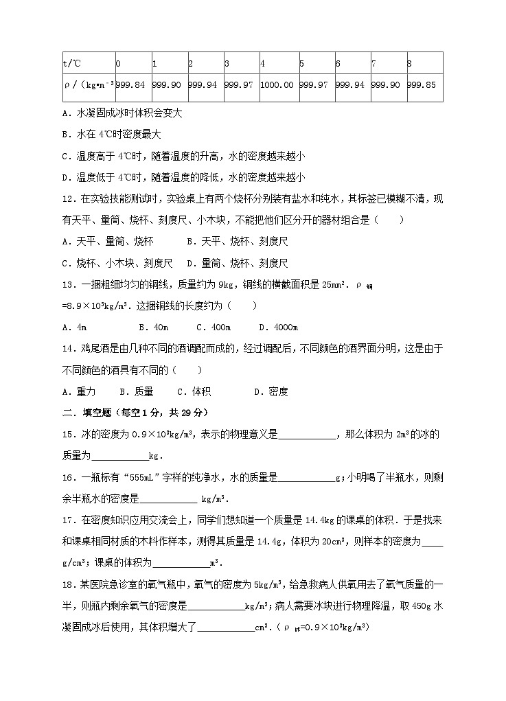 苏科版八下物理第六章物质的物理属性检测卷（含答案）03