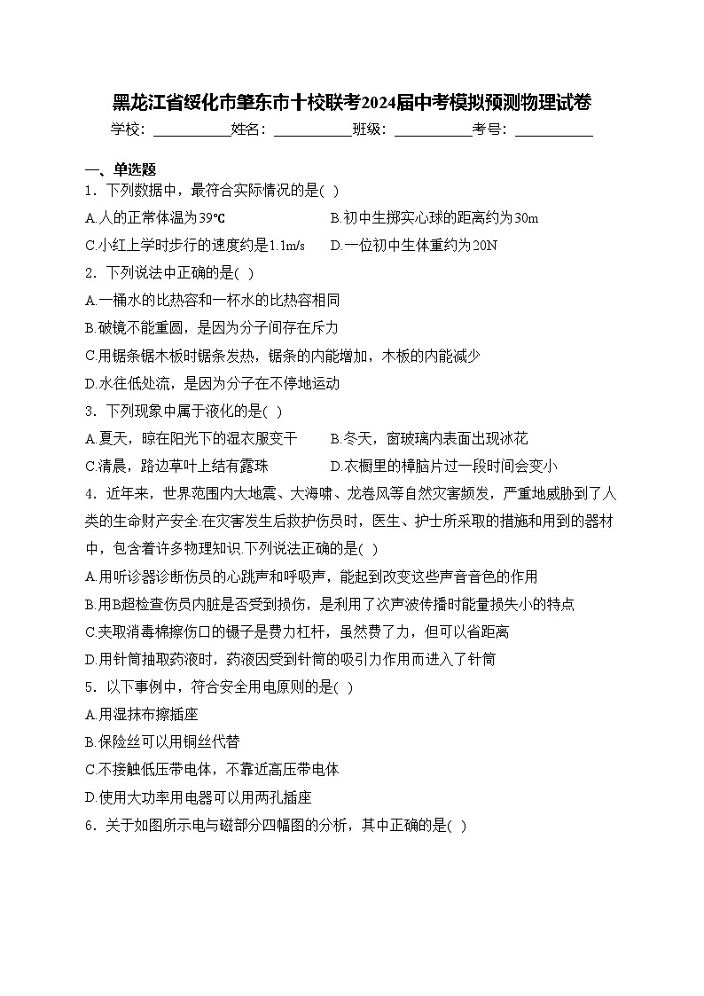 黑龙江省绥化市肇东市十校联考2024届中考模拟预测物理试卷(含答案)01