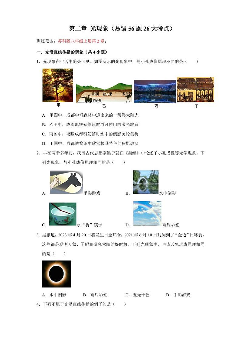 第2章 光现象（易错56题26大考点）（学生版） 2024-2025学年八年级物理上册同步学与练（苏科版2024）第1页