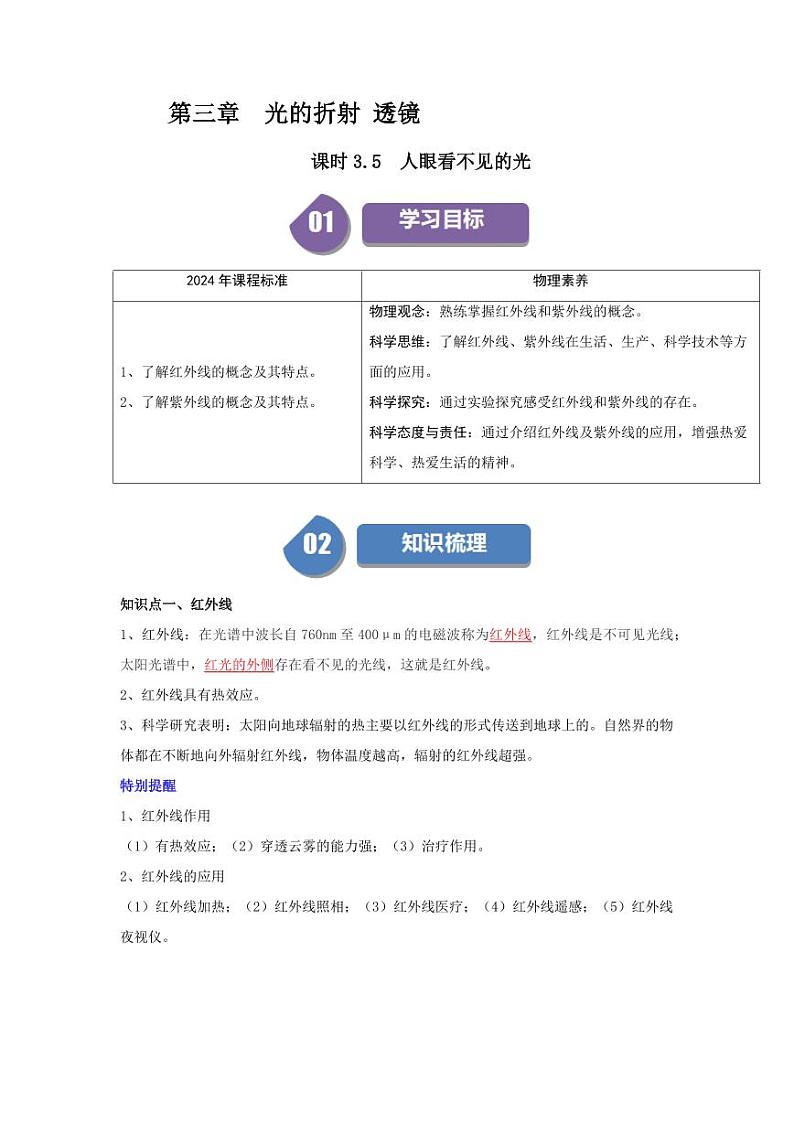 课时3.5 人眼看不见的光（教师版） 2024-2025学年八年级物理上册同步学与练（苏科版2024）第1页