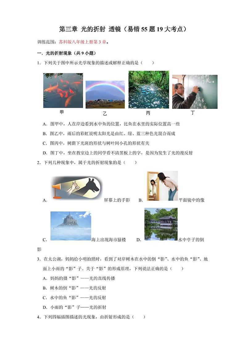 第3章 光的折射 透镜（易错55题19大考点）（学生版） 2024-2025学年八年级物理上册同步学与练（苏科版2024）第1页
